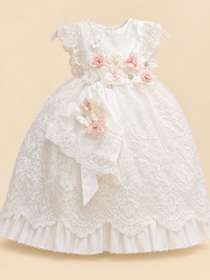 Bata de bautizo CL287 beige para niña con flores 3D