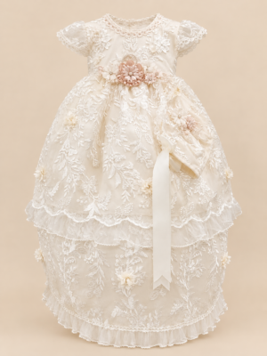 Ropón de bautizo Aitana beige para niña – desmontable con gorrito