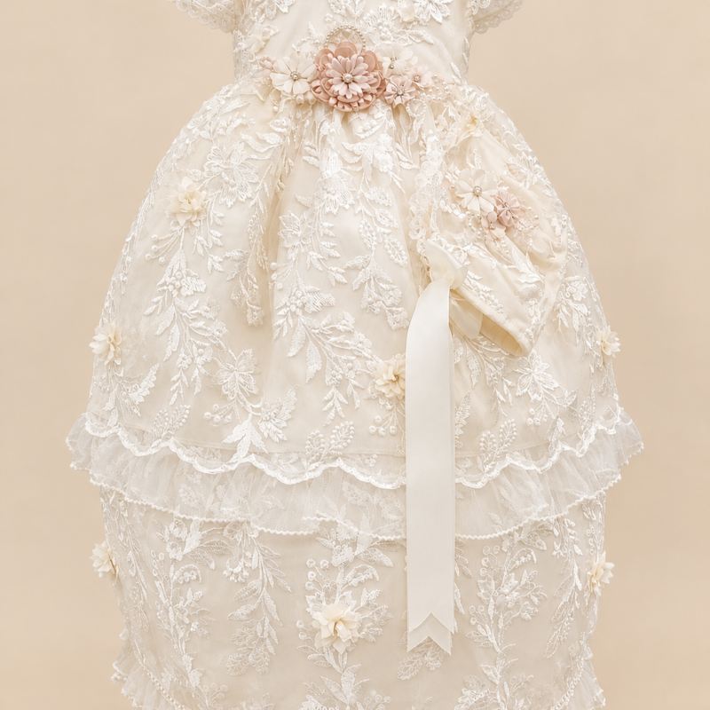 Ropón de bautizo Aitana beige para niña – desmontable con gorrito