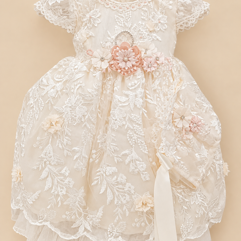 Ropón de bautizo Aitana beige para niña – vestido corto