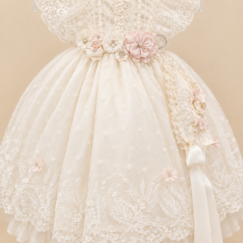 Ropón de bautizo Ana Laura beige para niña – vestido corto