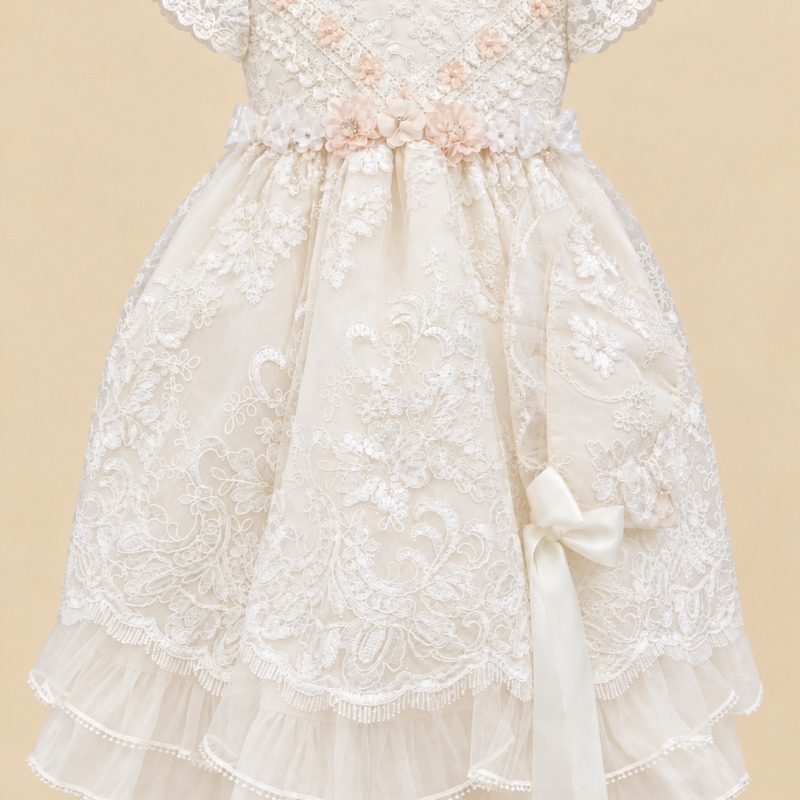Ropón de bautizo Laila beige para niña – vestido corto