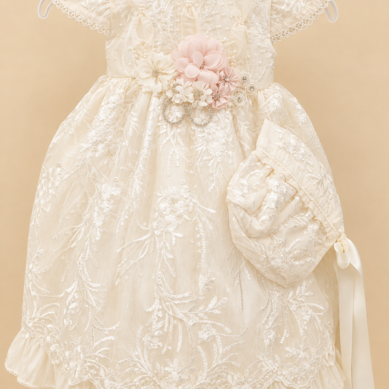 Ropón de bautizo Roberta beige para niña – vestido corto