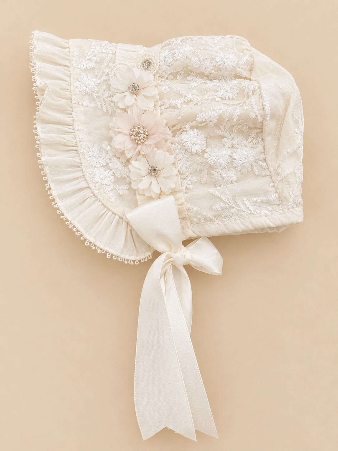 Ropón de bautizo Roberta beige para niña – gorrito