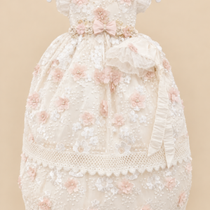 Ropón de bautizo Lluvia beige 2 en 1 en shantung con flores