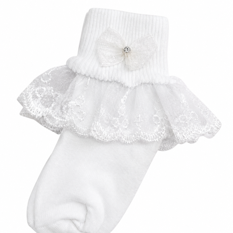 Tobillera blanca con encaje del paquete de bautizo Nicole