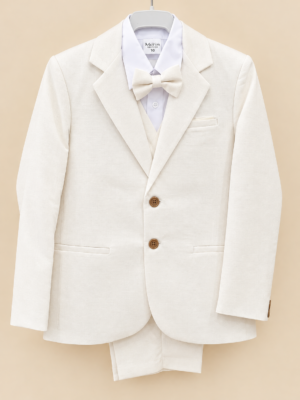 ChatGPT Traje Monin lino bge Traje de lino beige Monin para niño con saco, chaleco y moño