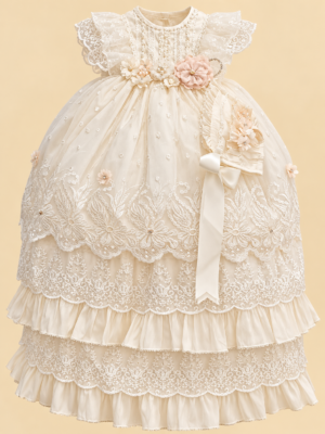 Ropón de bautizo Ana Laura beige para niña – desmontable con gorrito