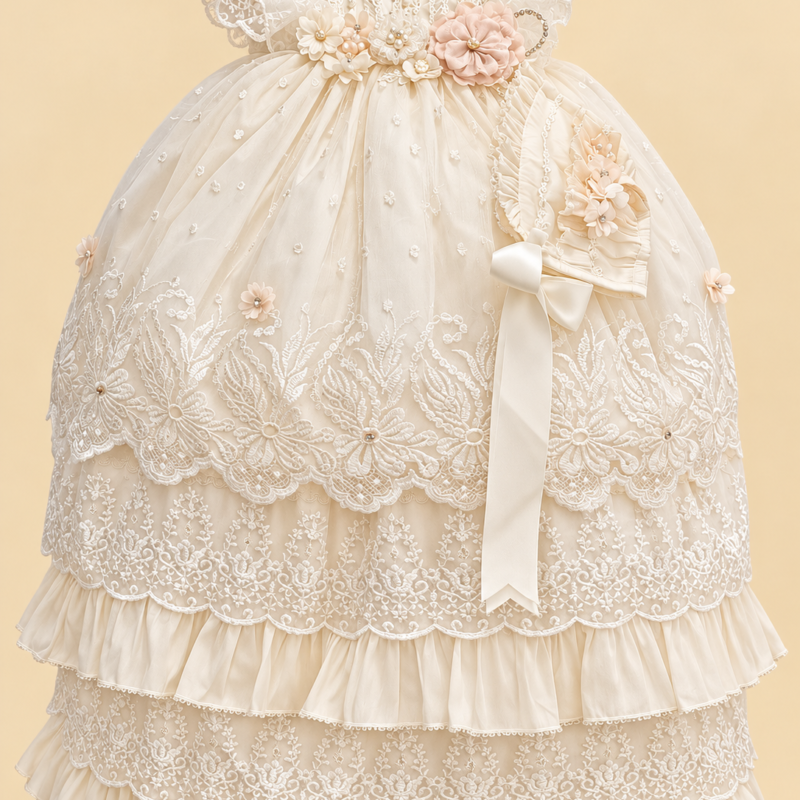 Ropón de bautizo Ana Laura beige para niña – desmontable con gorrito