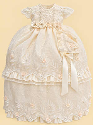 Ropón de bautizo Ayslin beige para niña – desmontable con gorrito
