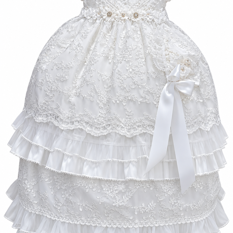 Ropón de bautizo Laila blanco para niña – desmontable con gorrito
