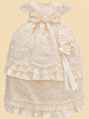 Ropón de bautizo Laila beige para niña – desmontable con gorrito