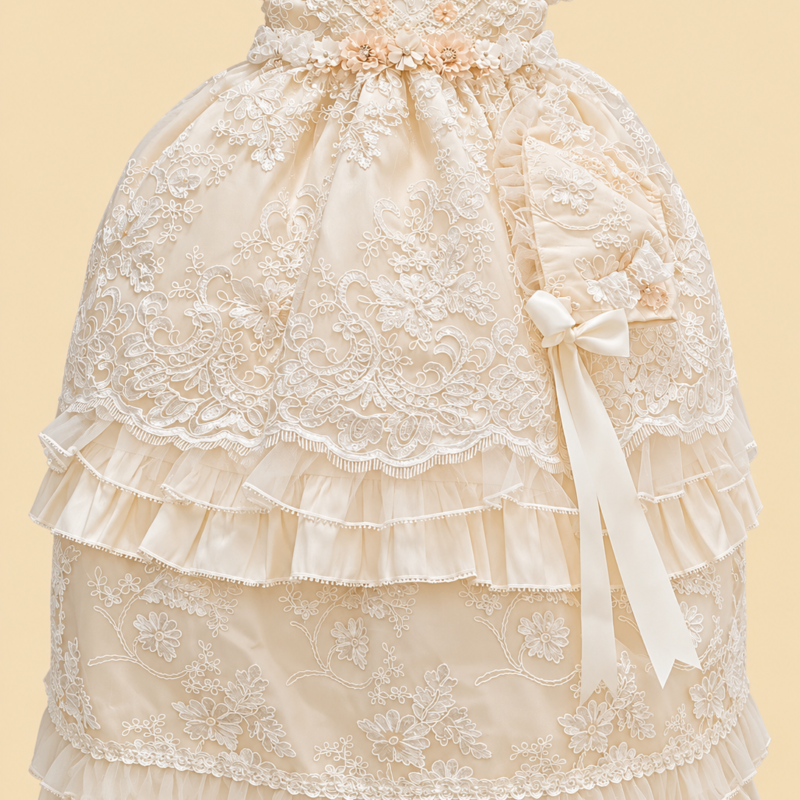 Ropón de bautizo Laila beige para niña – desmontable con gorrito