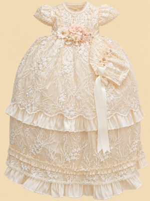 Ropón de bautizo Roberta beige para niña – desmontable con gorrito