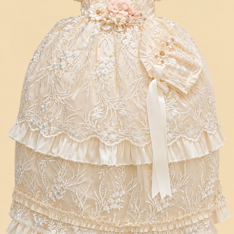 Ropón de bautizo Roberta beige para niña – desmontable con gorrito